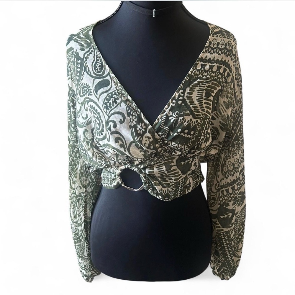 Zara Olive Patterned Wrap Blouse